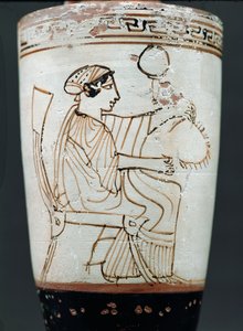 Podkrovní bílý půdní lekythos zobrazující ženu splétající věnec, kolem 475-420 př.nl (keramika) od Tymbos Painter