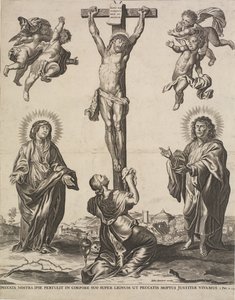 Kristus na kříži s Pannou Marií, Marií Magdalénou a svatým Janem a čtyřmi anděly od Ubekendt KKSgb5444