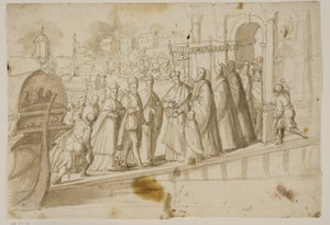 Král Jindřich III., dóže Alvise Mocenigo a kardinál San Sisto byli přijati benátským patriarchou Giovanni Trevisanem na Lido v Benátkách od Ubekendt Ubekendt