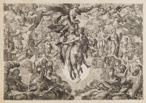 Malířství, sochařství a architektura, zakázaná Turky, stažena na Olymp od Ubekendt efter Jan Muller; H. Goltzius; Ae. Sadeler og Lucas Kilian efter Bartholomeus Spranger