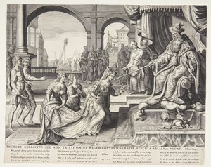 Ester před Ahasverem a pozvala ho na hostinu od Ubekendt efter Philips Galle efter forlæg af Maarten van Heemskerck