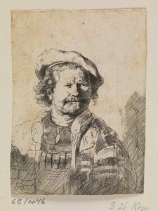 Rembrandt v ploché čepici a vyšívaných šatech od Ubekendt efter Rembrandt