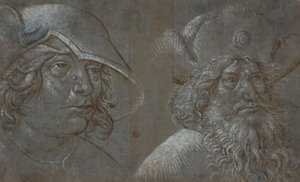 Dvě mužské hlavy ve tříčtvrtečním profilu vpravo, oba na sobě nápadné klobouky. od Ubekendt tysk nederlandsk ca. 1500