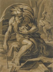 Diogenes, sedící před sudem, čte z knihy, oškubaná slepice stojící před..., ca. 1527-30.