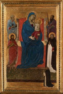 Panna s dítětem na trůnu se svatými Petrem, Pavlem, Janem Křtitelem a Dominikem a dominikánem... od Ugolino da Siena