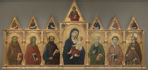 Panna a dítě se svatými Františkem, Ondřejem, Pavlem, Petrem, Štěpánem a Ludvíkem z Toulouse, kolem 1317-21