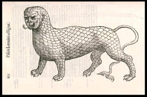 Monster Creature: lev pokrytý rybími šupinami (neboli lví ryba). Rytina Ulisse Aldrovandi (1522-1605), „Monstrorum Historiae“, Bologna 1642
