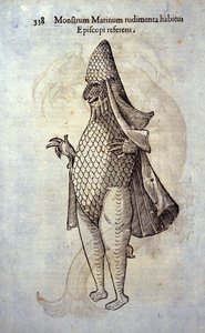 Mořský předvečer, imaginární ryba a mořská příšera od Ulisse Aldrovandi (1522-1605), „History of Monsters“, Bologna 1642