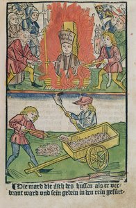 Jan Hus upálen na kostnickém koncilu, z „Historie kostnického koncilu“, vydané 1483