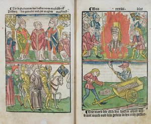 Jan Hus upálen na kostnickém koncilu, z „Historie kostnického koncilu“, vydané 1483