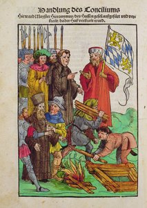 Poprava Jana Husa nebo některého z jeho kněží na koncilu v Kostnici, z „Chronik des Konzils von Konstanz“