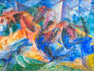 Hevonen, ratsastaja ja rakennukset od Umberto Boccioni