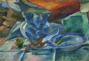 Zátiší z kameniny, příborů a ovoce, 1915