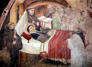 Smrt svatého Scolastica (v. 480 – v. 543), sestry svatého Benedikta z Nursie Je obklopena benediktinskými mnichy. Freska umbrijské školy z 15. století. Klášter Saint Benedetto (Sacro Speco), Subiaco (Řím), Itálie