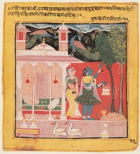 Dáma trhající květiny s pávy, Gunakali Ragini z Malkos, z Chawand Ragamala, 1605. od Unbekannt