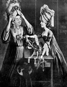 A Milliners Shop, paní Monopolizeová, manželka řezníka, kupuje moderní pokrývky hlavy, 1772 od Unbekannt