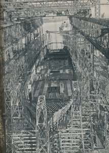 Ocelové hnízdo. Cunard White Star parník Georgic ve výstavbě, 1927-1929, 1936 od Unbekannt