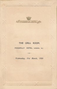 Menu pro The Grill Room v hotelu Piccadilly, Londýn, 1920 od Unbekannt