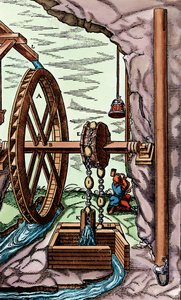 Důl vypouštěný hadrovým čerpadlem poháněným vodním kolem, 1556 od Unbekannt