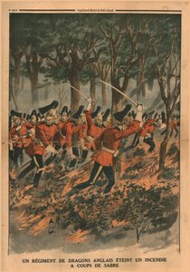 Pluk anglických dragounů hasí oheň ranami šavlí, 1914. od Unbekannt