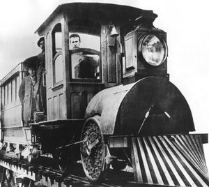 Americký vynálezce Thomas Alva Edison na palubě elektrické železnice, 1892 od Unbekannt