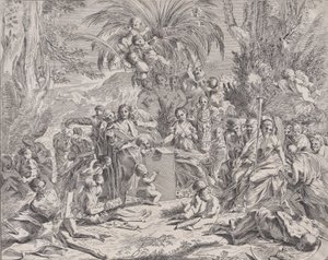Alegorie malby, která jako dítě uprostřed vlevo kreslí na tablet, surrou..., 1650-1700. od Unbekannt