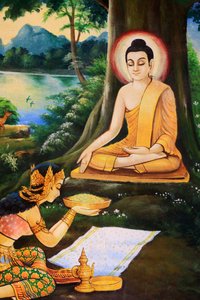 Asketický Buddha dostal ráno v den osvícení od Nandabaly misku s mléčnou rýží. Obraz zobrazující životní příběh Buddhy Šákjamuniho. Wat Ong Teu Krásné. Chrám těžkého Buddhy. Ventiane. Laos, 20151028, Vientiane, Laos od Unbekannt