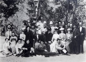 Autor Maxim Gorkij a Anton Čechov mezi herci Moskevského uměleckého divadla, 1900 od Unbekannt