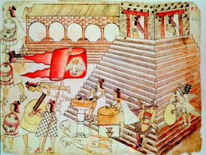 Aztéčtí válečníci bránící chrám Tenochtitlan proti Conquistadorům, 1519-1521 od Unbekannt