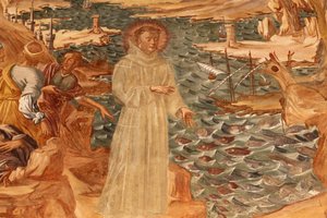 Basilica di Santa Caterina, Galatina, Apulie Freska v ambitu: Svatý Antonín káže rybě Maloval BrJoseph z Gravina v roce 1696, Galatina, Itálie od Unbekannt