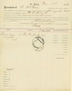 Nákladní list, parník M [ary] E. Forsyth, Sunnyside, Arkansas, 1. listopadu 1864 od Unbekannt