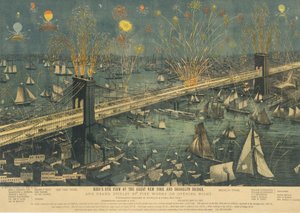 Pohled z ptačí perspektivy na Velký New York a Brooklynský most a velkolepá přehlídka ohňostrojů ..., 1883. od Unbekannt