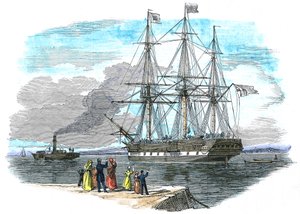 Britská emigrantská loď je odtažena z přístavu před vyplutím do australského Sydney od Unbekannt