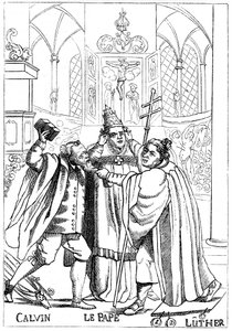 Kalvín, Luther a papež, kteří spolu bojují, publikoval 1600 od Unbekannt