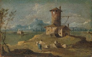 Capriccio s ostrovem, věží a domy, 18. století. od Unbekannt
