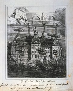 Kreslený návrh na přestavbu Hotel de Ville pod vodou, aby se zabránilo požáru, Pařížská komuna, 1871. od Unbekannt