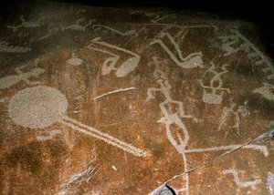 Vyřezávaný Petroglyf Lidé, jeleni, losi, ptáci, boty a kruhy, 4.-3. tisíciletí před naším letopočtem od Unbekannt
