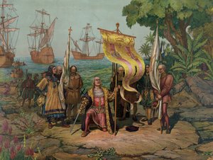 Kryštof Kolumbus (1451 - 1506) prohlašující „Nový svět“ pro Španělsko (litografie) od Unbekannt