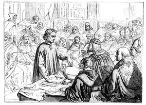 Kryštof Kolumbus před koncilem v Salamance, Španělsko, 1487 od Unbekannt