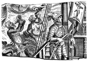 Christopher Columbus během své cesty do Ameriky, Engraving, c1500 od Unbekannt