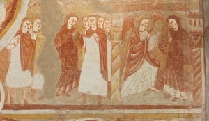 Kostel (Église Saint-Martin). Interiér. Nástěnné malby (fresky). Západní stěna lodi. Detail. Obvinění a zvěstování Panny Marie. 12. století. od Unbekannt