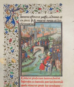 Střet armády baronů a Saracénů. Miniatura z Historia od Viléma z Tyru, 60. léta 14. století od Unbekannt