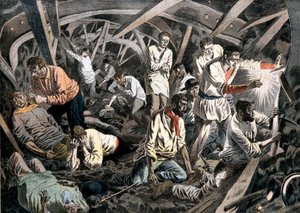 Uhelní horníci uvěznění pod zemí pádem střechy, Courrieres Mines, Pas-de-Calais, Francie, 1906 od Unbekannt