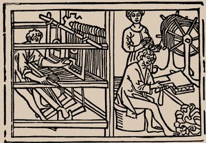 Česání, předení a tkaní vlny. Ze Speculum Vitae Humanae od Rodericus Zamorensis, 1479. od Unbekannt