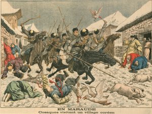 Kozáci terorizující korejskou vesnici, rusko-japonská válka, 1904 od Unbekannt