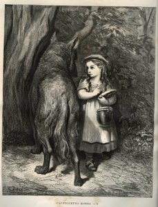 Při přechodu přes les se červená karkulka setká s vlkem. Rytina od Gustava Dore (1832-1883) z „“Les contes““ od Charlese Perraulta (1628-1703) od Unbekannt