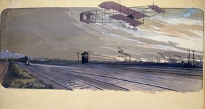 Začátek letectví: Louis Paulhan (1884-1963) přelétával železniční trať na palubě svého dvouplošníku během 300 km dlouhého závodu na přímé lince Londýn/Manchester ve dnech 27. a 28. dubna 1910 od Unbekannt