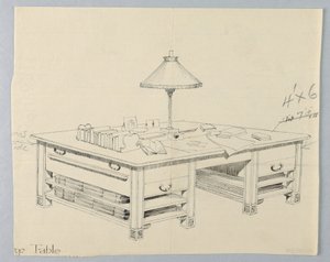 Design pro masivní knihovní úložný stůl se dvěma otevřenými policemi na obou stranách, 1900–05 od Unbekannt