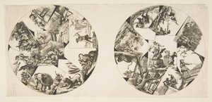 Návrhy talířů převzaté z ilustrací Audrys do La Fontainových bajek, po roce 1755. od Unbekannt