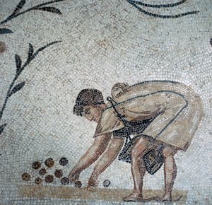 Detail římské mozaiky zobrazující sběr ovoce, 2. století od Unbekannt